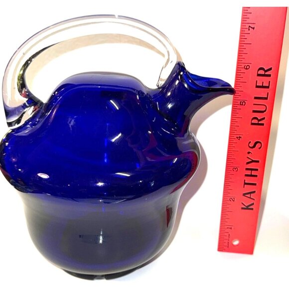 Cobalt Blue Hand-Blown Glass Pitcher & 6 Matching Cups With Swirled Clear Stoppe - Picture 13 of 16